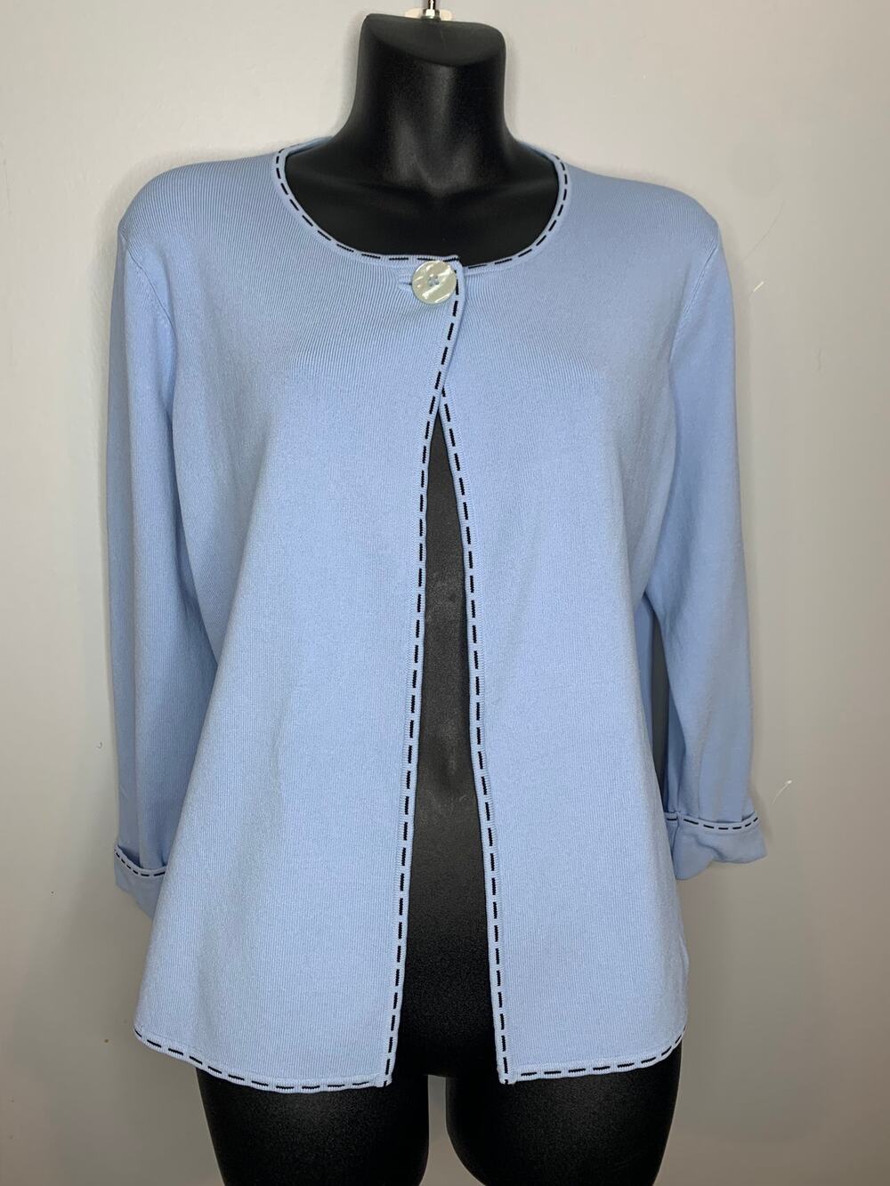Grace Dane Lewis Women's XL Light Blue, Black Embroidery 1-Button Cardigan